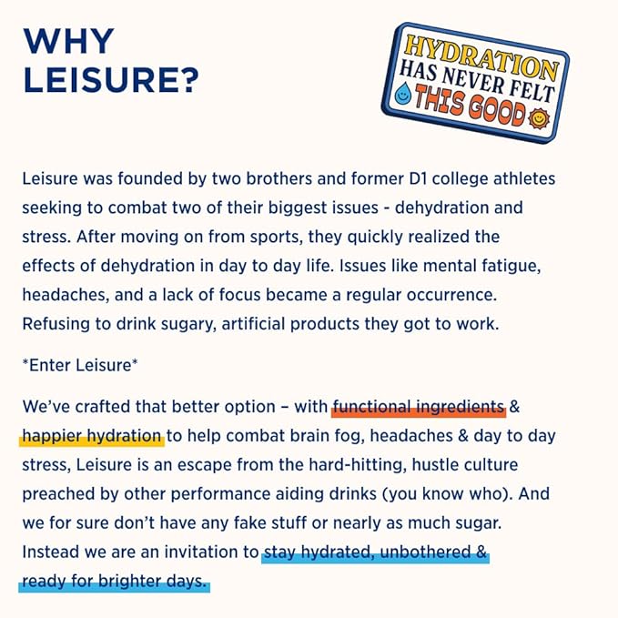 Leisure Hydration Non-Carbonated Electrolyte Refresher Lemonade Flavor - Low Sugar Nutrient Enhanced Water Beverage - Get The Best Hydration Packed w/ Magnesium &amp Ashwagandha For Mood &amp Stres
