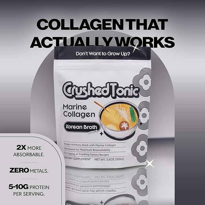 Crushed Tonic Marine Collagen Powder Korean Beauty Drink with Hydrolyzed Collagen Peptides for Skin Hair &amp Nails | Gluten-Free Halal &amp Kosher (Umami Korean Broth 100 g Servings Pouch)