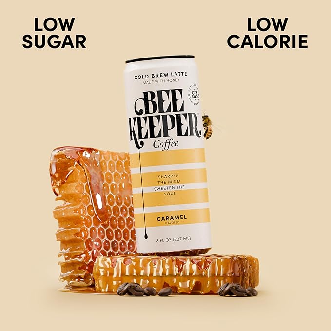 Beekeeper Caramel Cold Brew Coffee Drinks with Oregon Honey | 12 Pack Refreshing Iced Coffee - Unsweetened &amp Strong Arabica Brew 8 fl oz Ready-to-Drink Can - 180mg Natural Caffeine