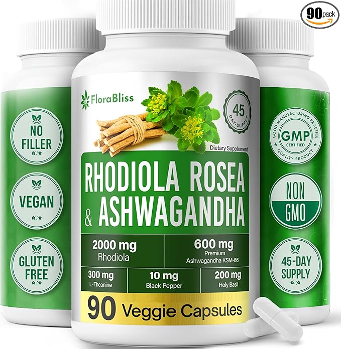 FloraBliss Rhodiola Rosea with Ashwagandha KSM-66 L-Theanine Holy Basil &amp BioPerine - 90 High Potency Vegan Capsules - 45-Day Supply - No Artificial Additives
