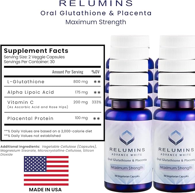 Relumins Advanced White Glutathione Capsules - Max Strength Brightening Supplement with ALA Placenta Rose HIPS &amp Vitamin C - Fights Oxidative Stress Supports Collagen &amp Made in USA - 10 Bot