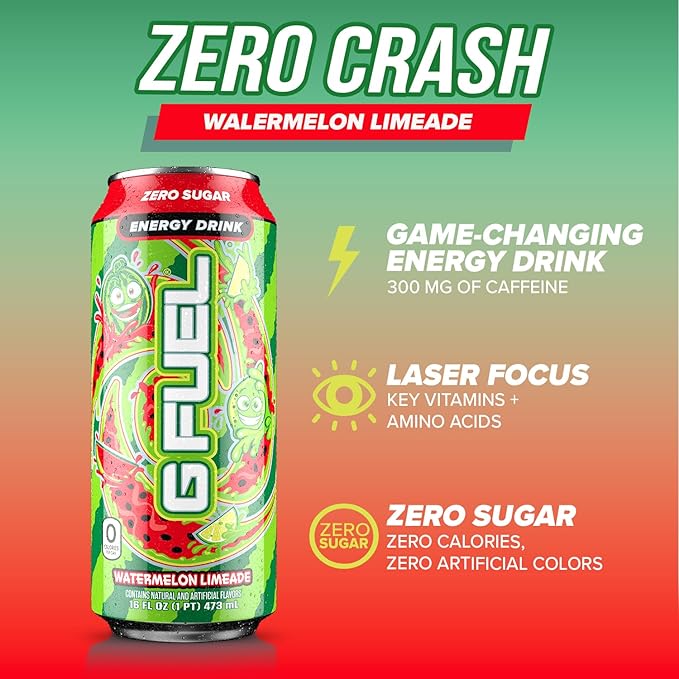 G Fuel Energy Drink Watermelon Sugar Free Beverage with 300mg Caffeine Daily Energy Boost with Focus Amino Vitamin + Antioxidants 16 oz Cans (Watermelon Limeade 12-Pack)