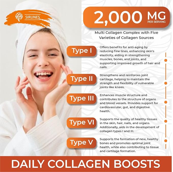 SIRUNES Multi Collagen Peptides Capsules - Non-GMO &amp Gluten Free Type I II III V X Hydrolyzed Collagen Supplements with Vitamin C - Supports Healthy Hair Skin Nails &amp Joints - 100 Capsu
