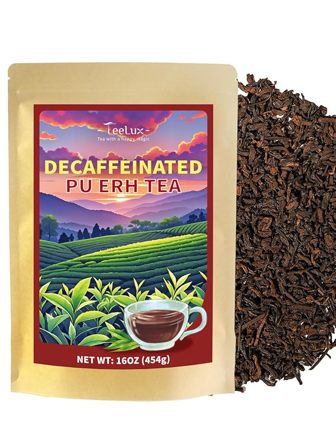 TeeLux Decaf Pu erh Tea Loose Leaf Naturally Aged Yunnan Decaffeinated Ripe Pu erh Tea Smooth &amp Mellow Flavor 16oz