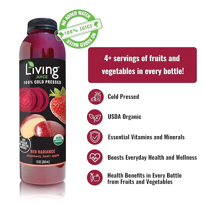 O2 Living Juice Cold Pressed Drink - Red Radiance Organic Juice Pack - No Added Sugar or Water Naturally Sweetened from Fruits Rich in Nutrients &amp Vitamins - Refreshing &amp Non-GMO - 12 fl oz