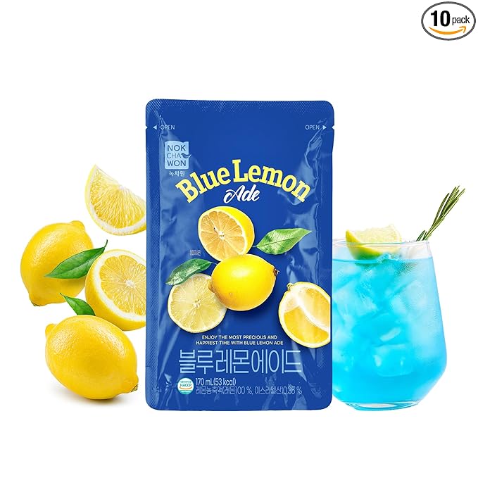 [Nokchawon] Blue Lemonade Drink Pouch (10 Pack) - Ready to Serve Fruit Juice for Ice Cups - Refreshing Korean Pouch Drink for Spring Break Picnics and Cocktail Mixers - 6.42 fl oz