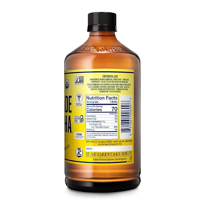 Health-Ade Kombucha Tea Organic Drink Fermented Tea with Living Probiotics Detoxifying Acids Supports Gut Health Non-GMO Vegan Gluten Free 12 Pack (16 Fl Oz Bottles) Ginger-Lemon