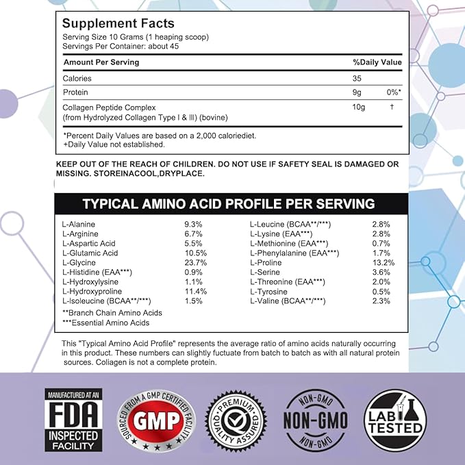 Collagen Peptides Powder for Skin Hair and Nails Bovine Hydrolyzed Collagen Peptides for Women and Men Unflavored Protein Supplements 16 oz 45 Servings