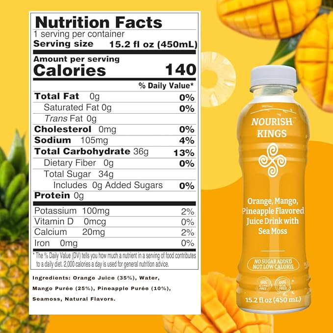 Nourish Kings- Sea Moss drink with Mango Pineapple and Orange Juice No Added Sugars or Preservatives 12 pack of 15.2 Fl oz Bottles