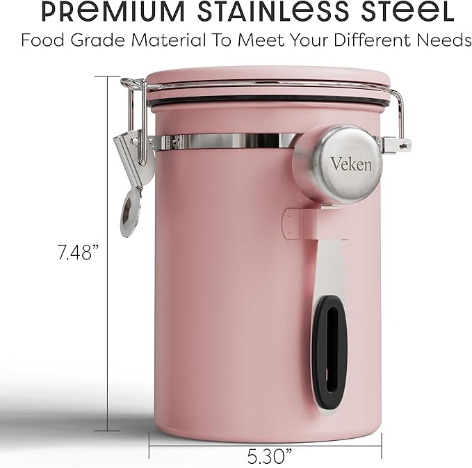 Veken Coffee Canister with Window Easter Gifts Airtight Stainless Steel Container with Lids Home Kitchen Food Storage Jars for Grounds Beans Tea Flour Cereal Sugar Basket Scoop 22OZ Pink