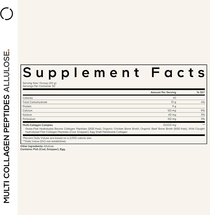 Codeage Multi Collagen Peptides Powder + Allulose - 5 Types - Grass-Fed Collagen - Rare Sugar Allulose Supplement - 0 Calorie Sweetener &amp 0 Carbs - 18 Amino Acids - Unflavored - Non-GMO - 30 Servi