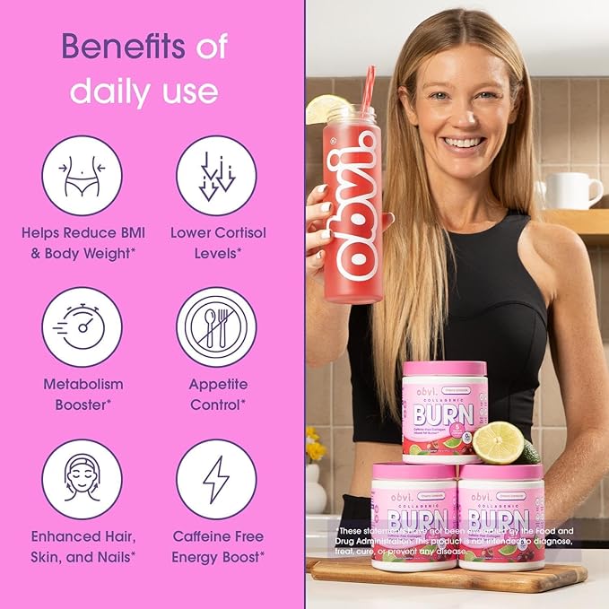 Obvi Collagenic Burn Powder | Collagen Peptide Blend with GBB Ashwagandha &amp Green Coffee | Boosts Metabolism Energy and Wellness | Supports Skin Hair Nails Joints | Cherry Limeade 25 Serving