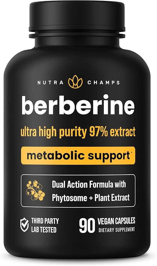 NutraChamps Berberine Supplement | Ultra High Strength 97% Purity | Berberine HCL 1500mg + Berbevis Phytosome Extract for Enhanced Absorption &amp Metabolic Support | Premium 500mg 90 Vegan Capsules