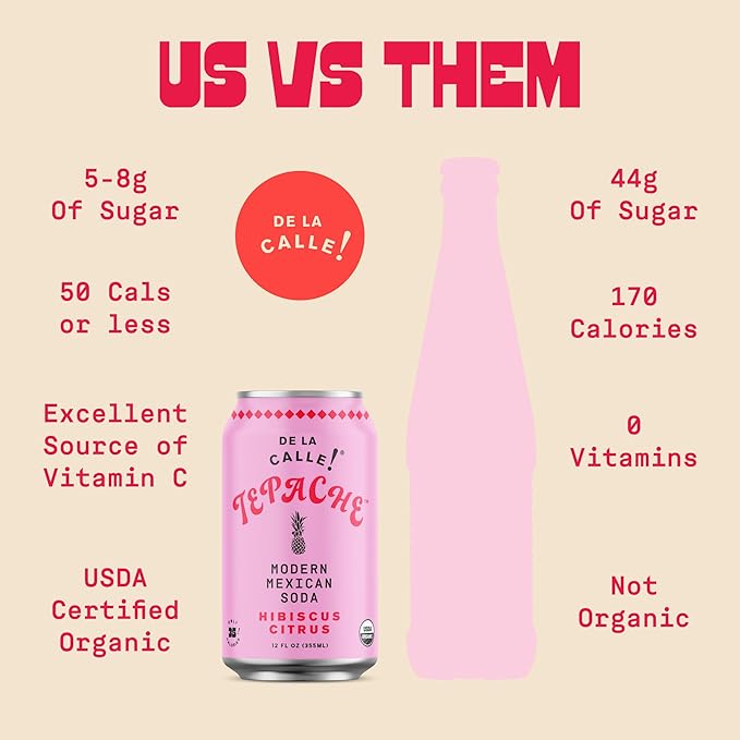 De La Calle Tepache - Hibiscus Citrus - Modern Mexican Soda - Craft Fermented Pineapple Sparkling Beverage - Certified Organic Antioxidant Rich Non-Alcoholic Healthy Soda Low Sugar Low Calorie N
