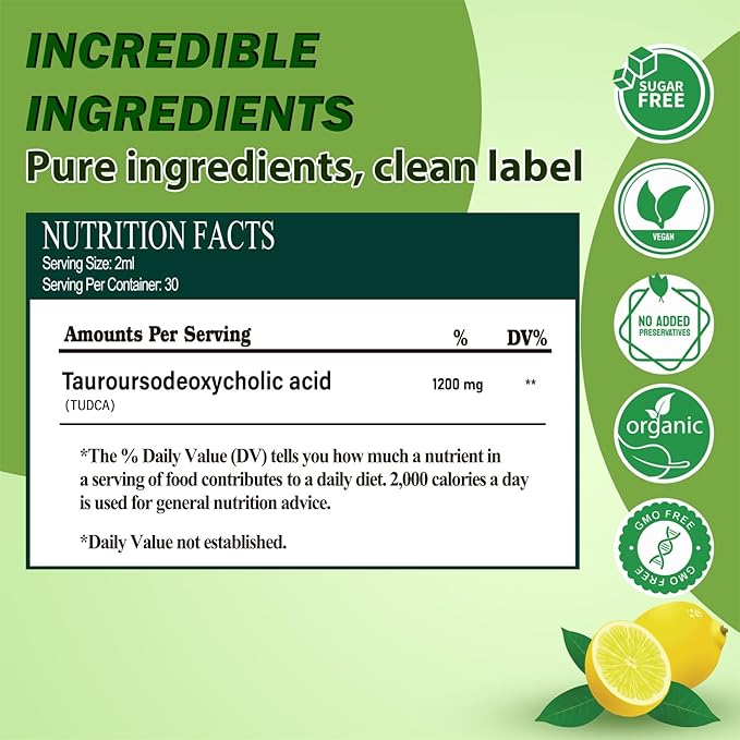 2 Pack Pure TUDCA Bile Salts Liquid Drops 1200mg (Tauroursodeoxycholic Acid) Premium Liver Support Bile Flow &amp Gallbladder Cleanse Supplement丨High Absorption Liquid | Non-GMO | 3rd Party Tested
