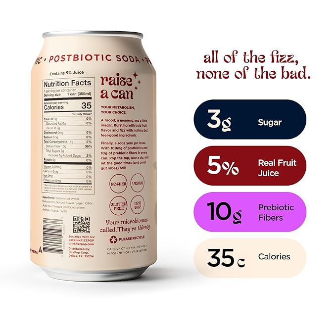 Fizz Pop Metabolic Sparkling Postbiotic and Prebiotic Soda Pop Gut Health Seltzer Water Fiber Drink Metabolism Booster Midnight Mocktail Flavor 12 oz Cans (Pack of 12)