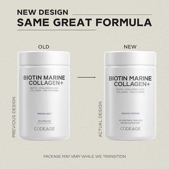 Codeage Biotin Marine Collagen Peptides - Wild-Caught Marine Collagen Types I &amp III Biotin Vitamins C &amp E Hyaluronic Acid Amino Acids Fruit and Herb Blend Non-GMO - 120 Capsules