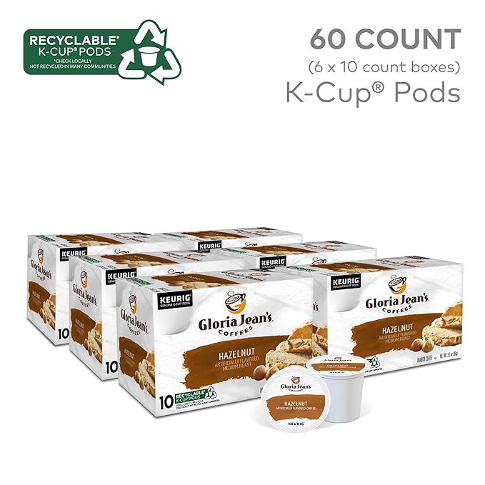 Gloria Jean's Hazelnut Keurig Single-Serve K-Cup Pods Medium Roast Coffee 60 Count (6 Packs of 10)