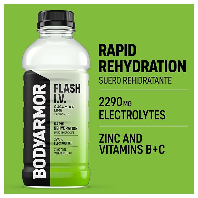 BODYARMOR Flash I.V. Electrolyte Beverage Cucumber Lime Hydration Drink with Coconut Water For Rapid Rehydration Post Workout Recovery 20 Fl Oz (Pack of 12)