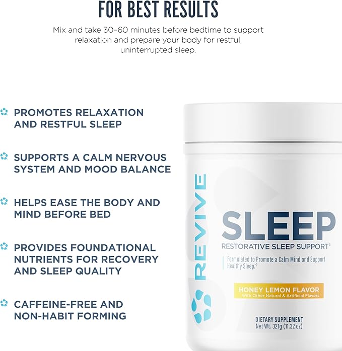 Revive MD Melatonin-Free Sleep Support Supplement for Adults Honey Lemon - Natural Sleep Aid Supplements with Magnesium (Glycinate) Inositol &amp L-Theanine for Deep Relaxation (30 Servings)
