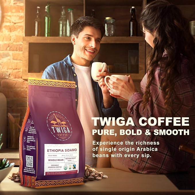 Twiga Coffee Premium Ethiopian Sidamo Whole Bean Coffee – Organic Medium Roast Arabica with Berry Citrus &amp Floral Notes – Single Origin Ethiopia – Freshly Roasted 12 oz