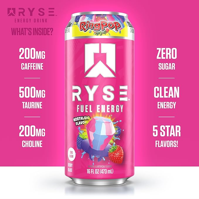 RYSE Fuel Energy Drink - Ring Pop Berry Blast - Sugar Free Gluten Free &amp Vegan - 200mg Natural Caffeine Taurine &amp Choline for Focus &amp Energy - No Artificial Colors - 16 fl oz Cans (12-Pa