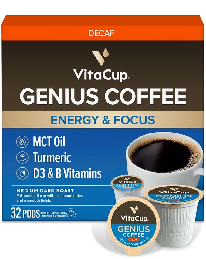 Decaf Genius Keto Coffee Pods with MCT Oil Turmeric and B Vitamins by VitaCup for Focus in Single Serve Pod Compatible with K-Cup Brewers Including Keurig 2.0 32 CT