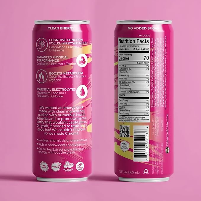 CHROMA All Natural Mushroom Energy Drink - Lion's Mane Cordyceps L-Theanine Beet Root Guarana Electrolytes Adaptogens Green Tea Caffeine. No crash or jitters. Energy Mood Focus Performance B