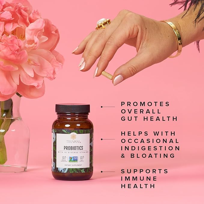 Truvani Probiotic Supplement | 30 Servings | 15 Billion CFU | 15 Diverse Strains for Digestive Immune &amp Brain Health Support | Shelf-Stable Vegan Capsules | Non-GMO No Fillers