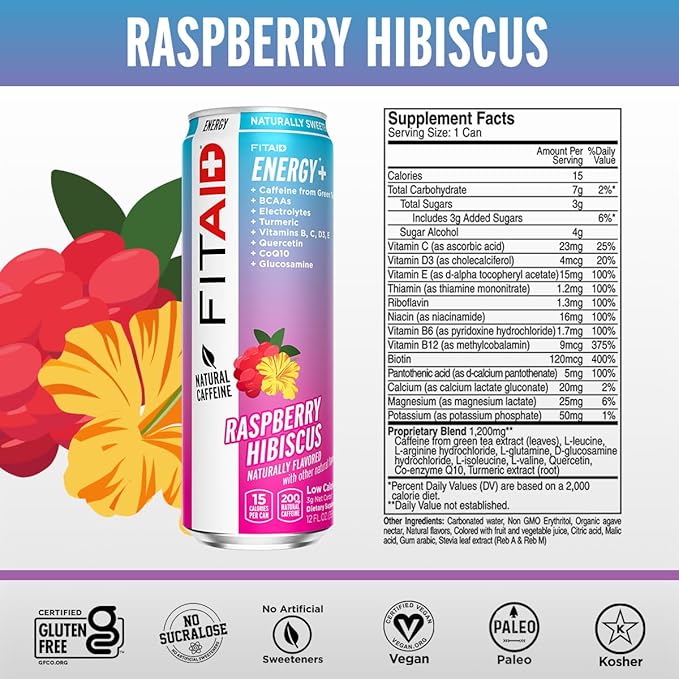 FITAID ENERGY 200mg Natural Caffeine Keto Raspberry Hibiscus Optimum Performance Formula: BCAAs Quercetin Electrolytes Omega-3s 15 calories Paleo Vegan &amp GlutenFree 12 Fl Oz (Pack of 12