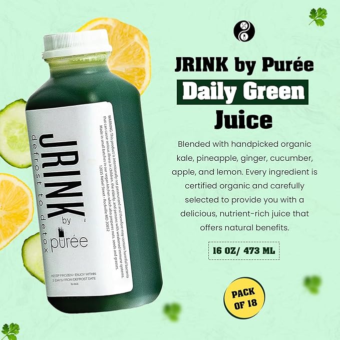 JRINK by Purée Daily Green Juice Cold Pressed Organic Fruit and Vegetable Blend Detox Cleanse Healthy Raw Greens Drink No Preservatives Juice Cleanse 16oz HDPE Bottles Pack of 18