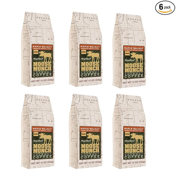 Moose Munch Gourmet Coffee by Harry &amp David Maple Walnut Flavored Ground Coffee - 12 Ounce Bag (Case of 6)