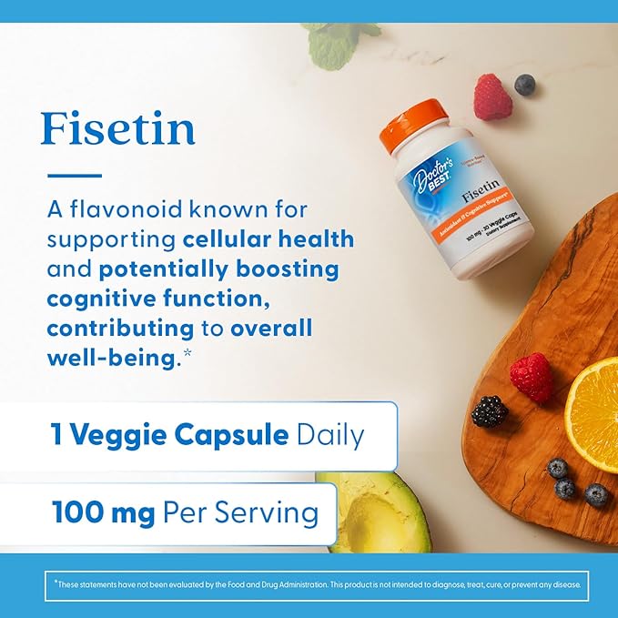 Doctor's Best Fisetin Supplement 100 mg for Men &amp Women - Brain Health &amp Antioxidant Support Fisetin Capsules (as Novusetin) 100mg per Serving Vegan Gluten Free Soy Free Non GMO - 30 Veg