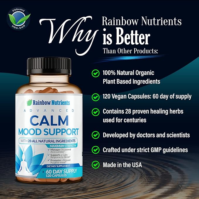 28 in 1 Calm Mood Support Supplement- Natural Happy Pills for Occasional Anxiousness &amp Stress Worry feelings Relaxation Mental Clarity | Max Sleep &amp Mood Support for Women &amp Men|120 Veg