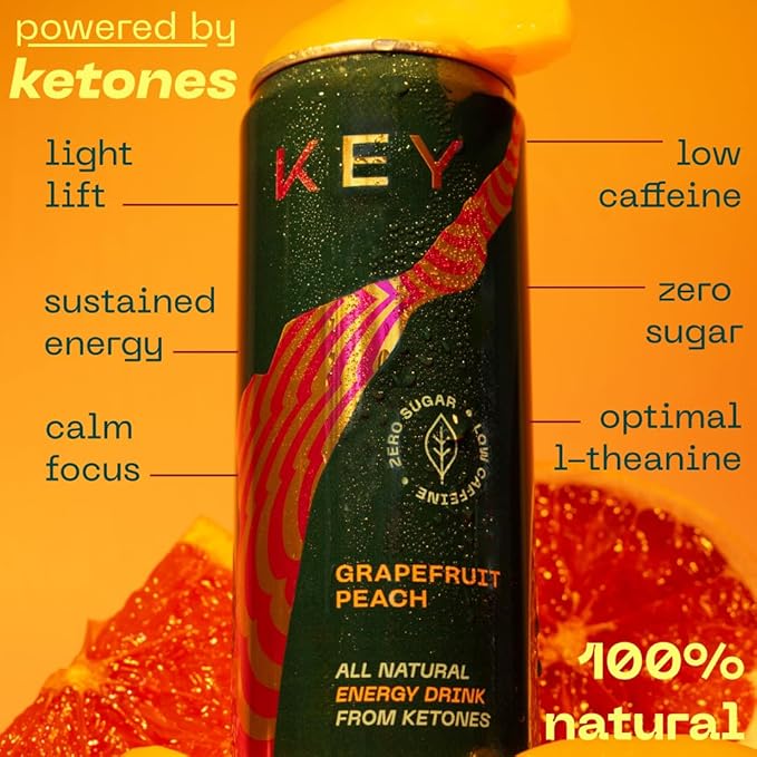 KEY Ketone Drink - Ketones for Energy &amp Focus Sugar Free &amp Low Caffeine from Green Tea with L-Theanine No Crash or Jitters All Natural Lightly Carbonated Grapefruit Peach (Pack of 12)