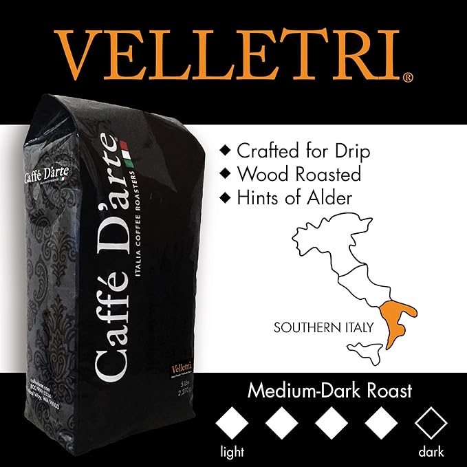 Caffe D’arte Velletri Wood Roast Reserve Whole Bean Coffee – Medium-Dark Roast Roasted in Seattle Ideal for Drip Brewing 5 lb