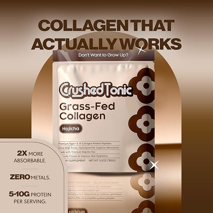 Crushed Tonic Marine Collagen Powder Korean Beauty Drink with Hydrolyzed Collagen Peptides for Skin Hair &amp Nails | Gluten-Free Halal &amp Kosher (Hojicha 30 Servings (150 g) Pouch)