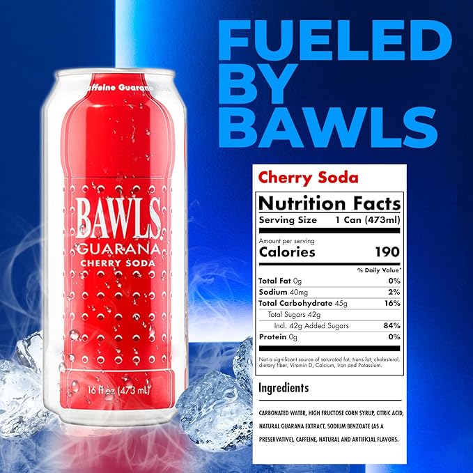 BAWLS Guarana Cherry BAWLS Guarana Drink Guarana Soda Guarana Fueled Soda for Energy High Energy Caffeinated Drink 16oz 24 Pack Cans