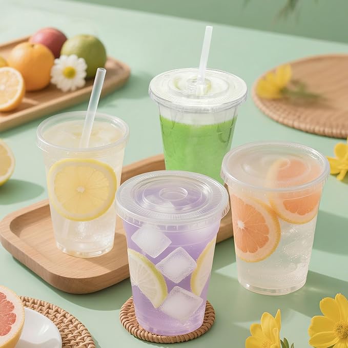 [200 SETS] 32 oz Cups with lids Plastic cups with lids and straws iced coffee cup suitable for takeout iced coffee cold drinks smoothies juices parfaits Frappuccinos and milkshakes.