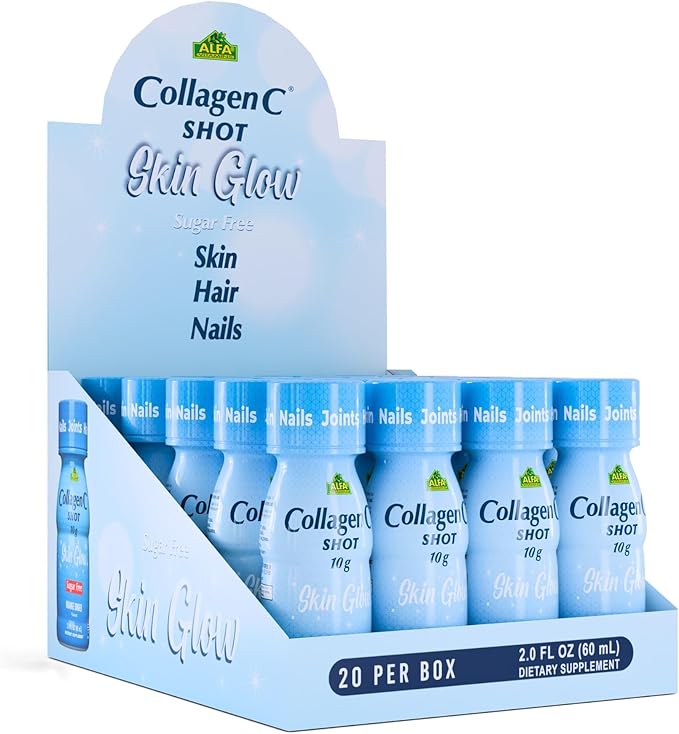 CollagenC - Skin Glow Shot 20 Pack - Collagen 10g Vitamin c 1000mg Biotin 1000mcg Vitamin D 800 IU - Natural Orange-Ginger Flavor 2.0oz Bottle - 80 Pack