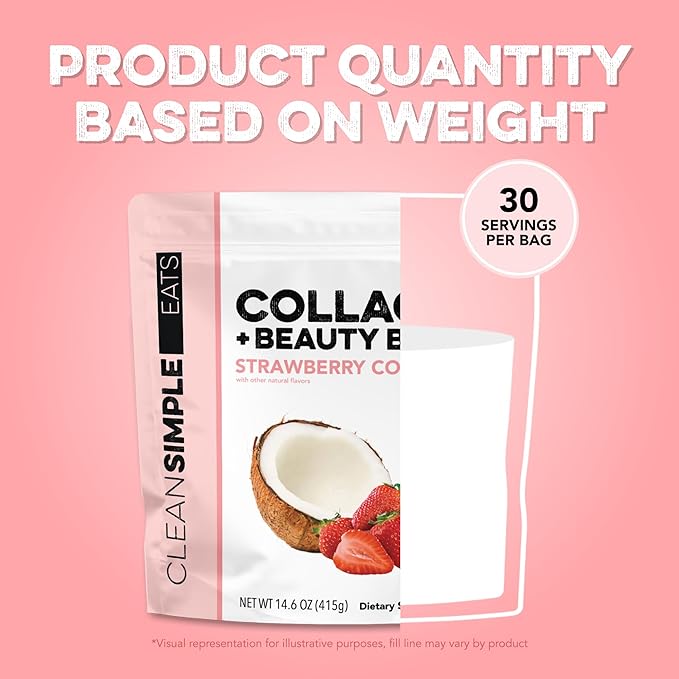 Clean Simple Eats Collagen Powder + Beauty Blend Strawberry Colada Hydrolyzed Collagen Peptides from Grass Fed Bovine &amp Chicken Hyaluronic Acid for Hair Skin Nail &amp Joint Support 30 Serv