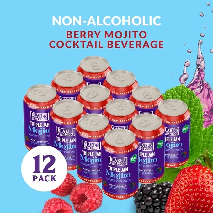 Blake’s Zero Proof Triple Jam Mojito Sparkling Mocktail – Non Alcoholic Carbonated Juice Beverage Gluten Free Berry Mint Inspired Flavor Lightly Carbonated Cocktail-Inspired Drink 12 Pack of Cans