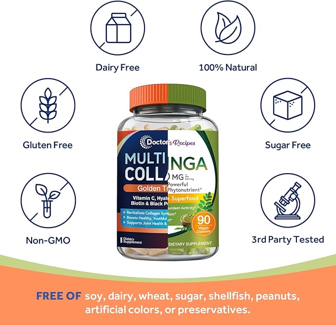 Doctor's Recipes Moringa 11000 mg Strength 90 Caps and Multi Collagen Peptides 90Caps