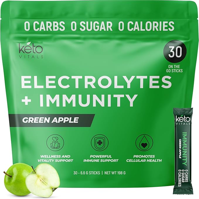Keto Vitals Immunity Sugar Free Electrolytes Powder with Vitamin C Ginger Turmeric &amp Elderberry - Boost Your Immune System and Rehydrate Your Body - Green Apple Flavor 30 Count