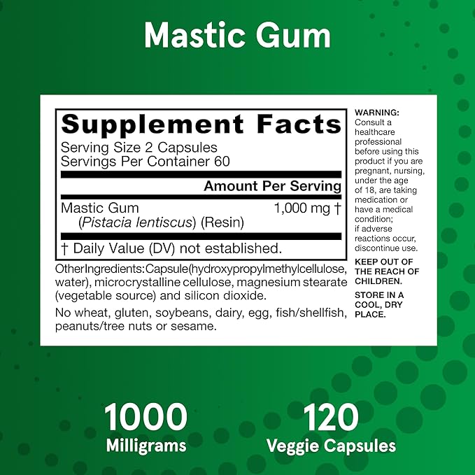 Jarrow Formulas Mastic Gum 1000 mg - 120 Veggie Caps - Mastic Gum Capsules Supporting Stomach and Duodenal Health - 60 Servings