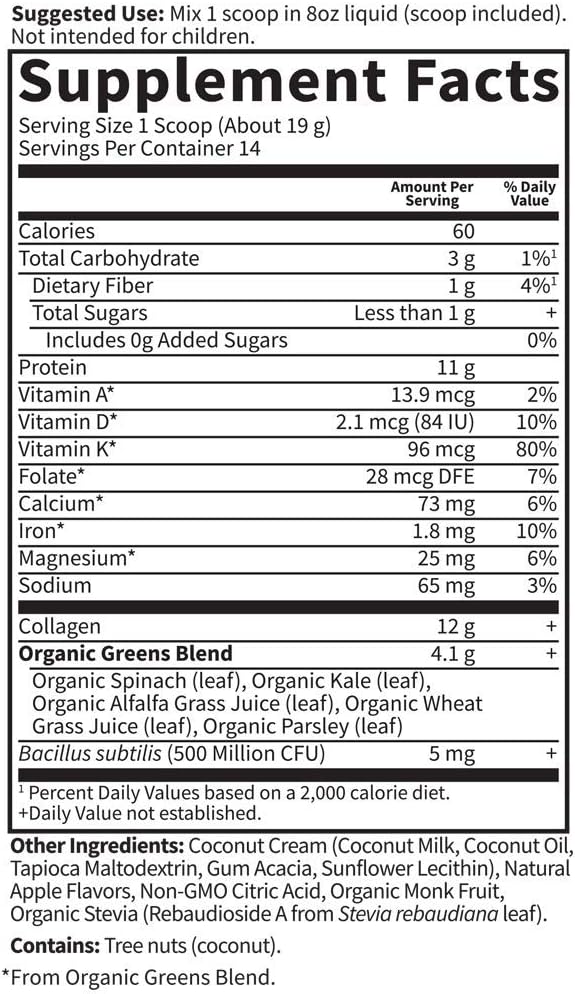 Garden of Life Grass Fed Collagen Greens Beauty Powder - Apple 14 Servings Powder for Women Skin Hair Nails Joints Collagen Peptides Powder + Protein + Greens Supplement