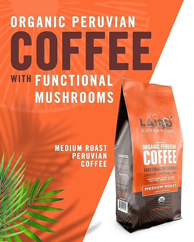 Laird Superfood Peruvian Medium Roast Coffee with Functional Mushrooms Certified Organic Peruvian Ground Coffee Beans Gluten-Free Dairy-Free Non-GMO Paleo Keto Friendly 12 oz. Bag Pack of 6