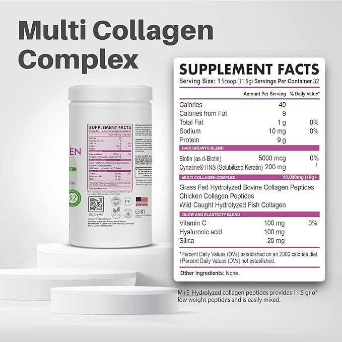 M+S Multi Collagen Complex – Hydrolyzed Collagen peptides Types I II III for Skin Hair Nails and Joints – with Vitamin C Hyaluronic Acid Keratin Biotin and Silica (Unflavored)