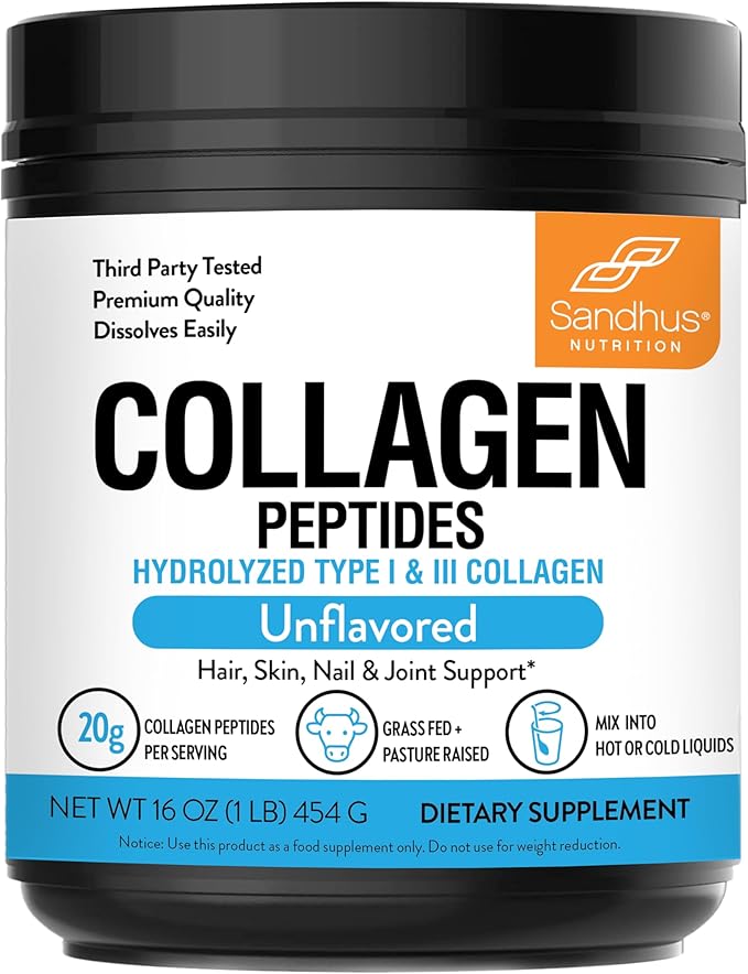 Sandhu's Grass-Fed Hydrolyzed Bovine Collagen Peptides Powder Unflavored | Supports Youthful Skin Hair Nails Mobility &amp Flexibility | for Men &amp Women | 1 lb 22 Servings