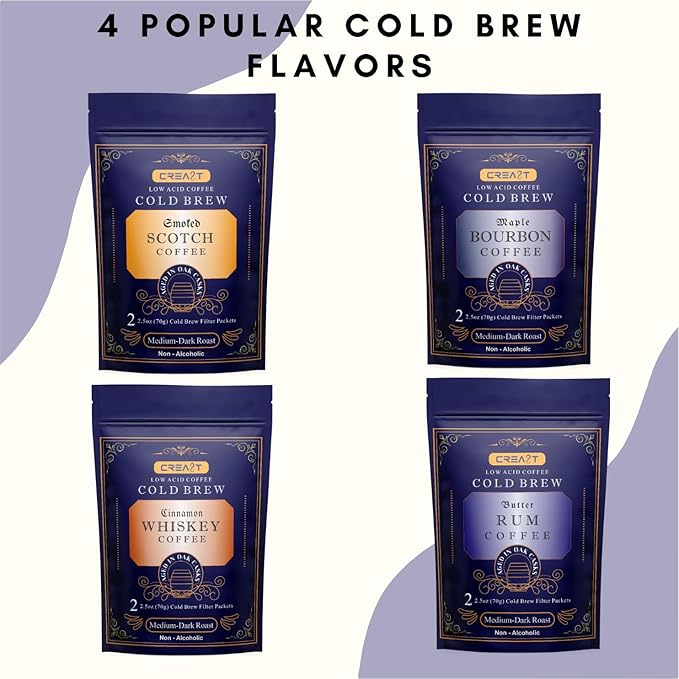 CREA8T Cold Brew Smoked Scotch flavored coffee - Pack of 4 Cold Brew GROUND Filter packets 2.5oz each totalling 10oz.